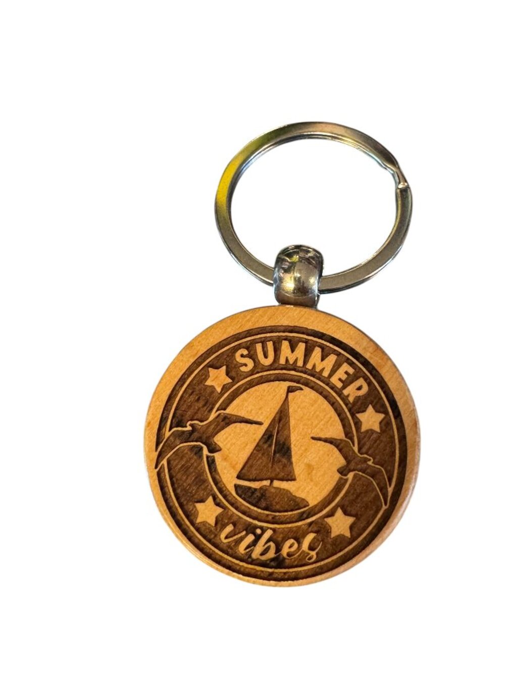 Summer Vibes Engraved Round Wooden Keychain